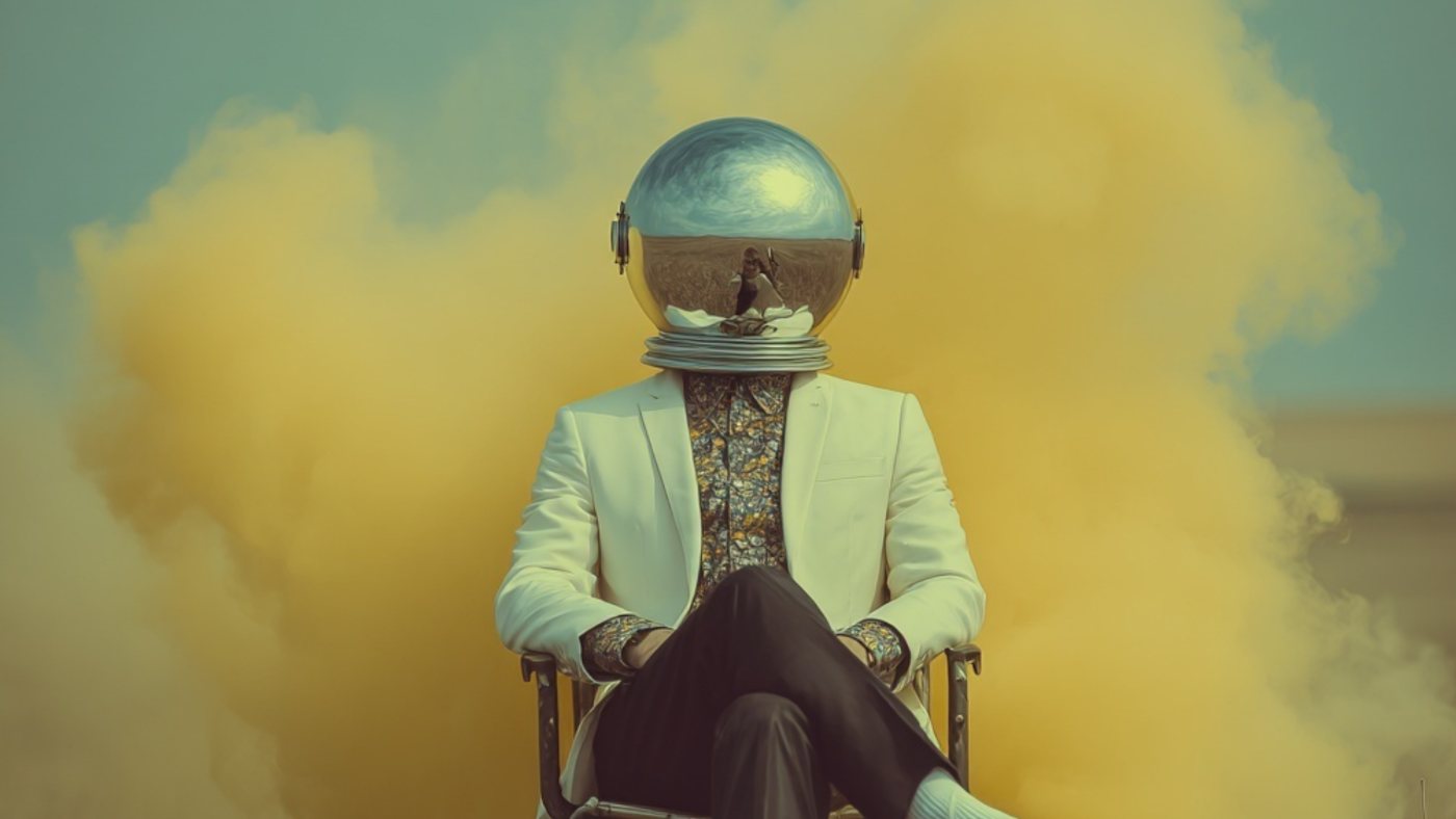 A seated figure in a cream suit and mirrored spherical helmet, ringed by yellow smoke