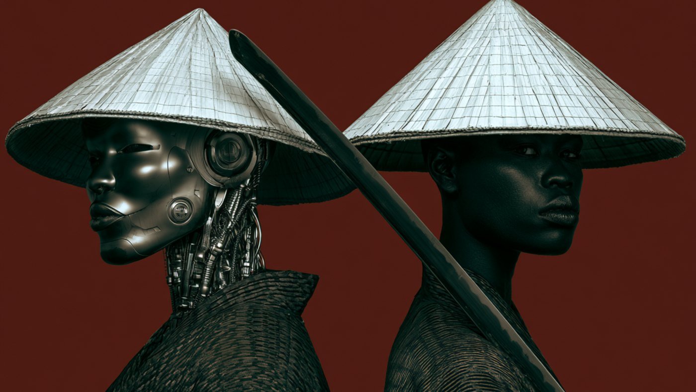 Two figures in conical straw hats standing back to back against deep red, one of them part machine