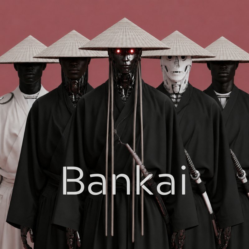 Bankai still: six robed figures in conical hats against a deep red background