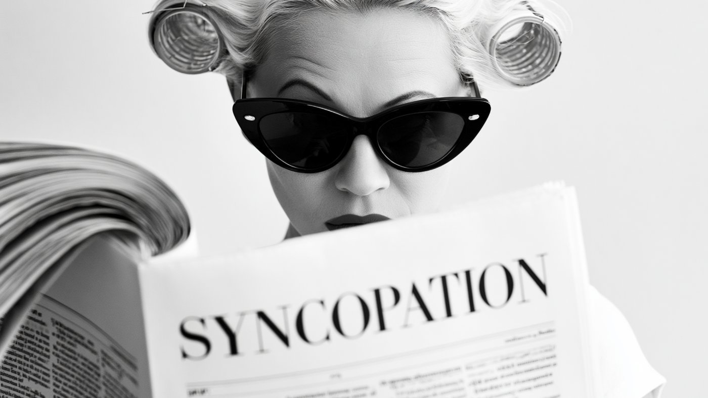 A woman in curlers and cat-eye sunglasses reading a newspaper with the masthead Syncopation