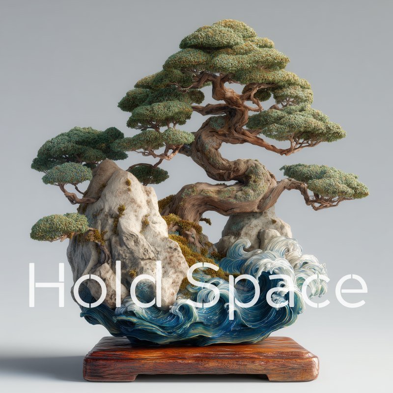 Hold Space chapter artwork: a bonsai growing from pale rock above sculpted waves