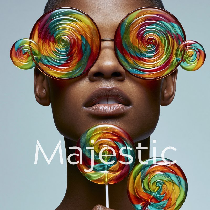 Majestic still: a figure wearing oversized swirled lollipop sunglasses