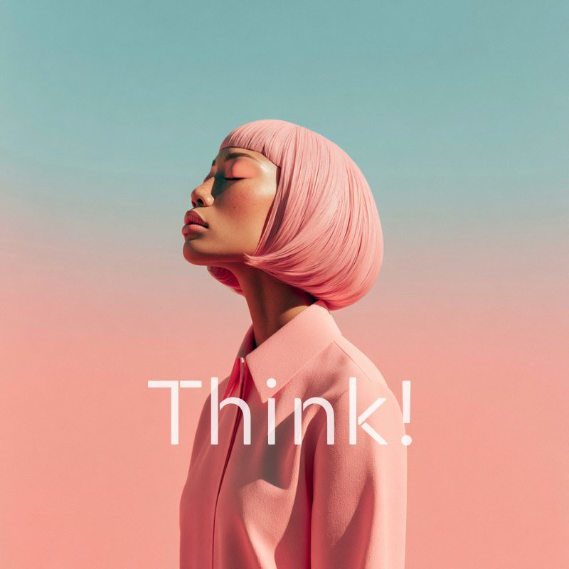 Think! chapter artwork: a figure with a pink bob, eyes closed, against a pink and teal sky
