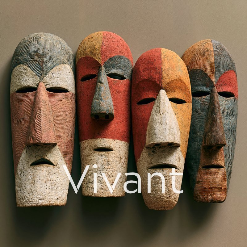 Vivant chapter artwork: four carved wooden masks in red, blue and ochre