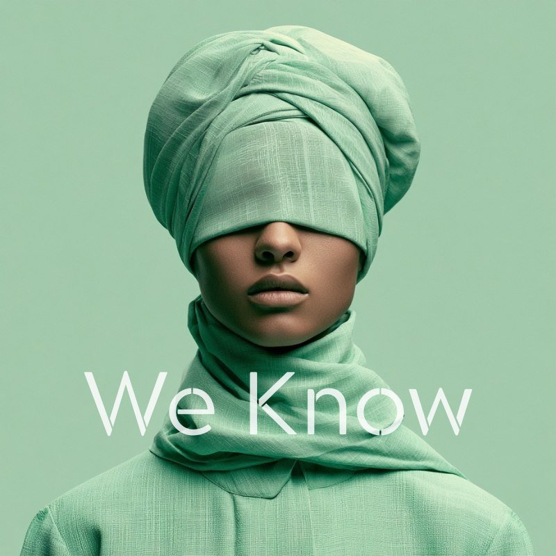 We Know still: a figure in a green head wrap drawn down over the eyes