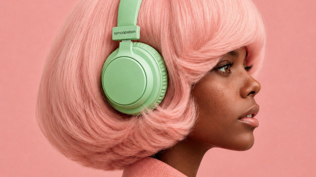 A woman in profile with pale pink hair, wearing mint green Syncopation headphones against a pink field