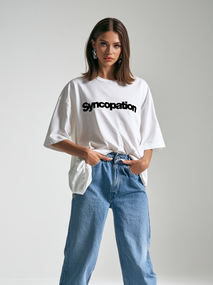 Close detail of the wordmark tee print