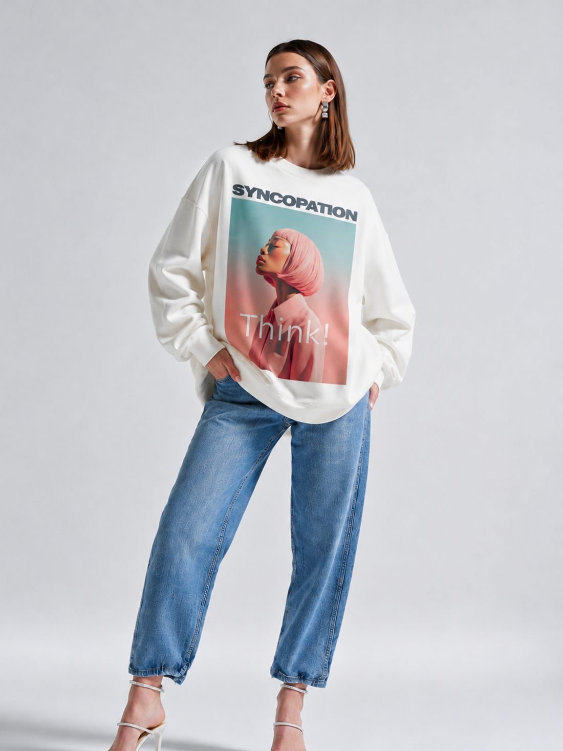 Think! poster crewneck in cream, printed with the Think! chapter poster