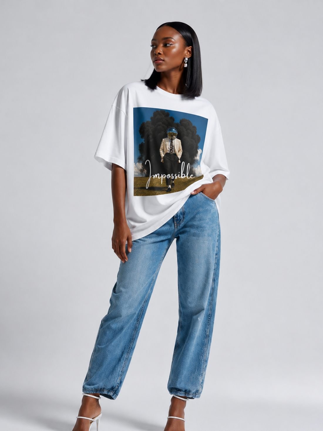 Impossible poster tee in white, printed with the Impossible single artwork