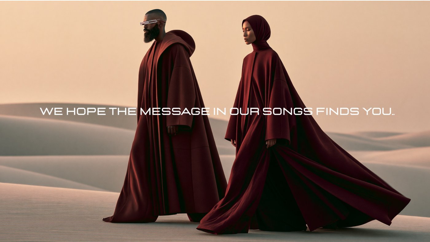 Two figures in deep red cloaks walking across desert dunes, captioned: we hope the message in our songs finds you.
