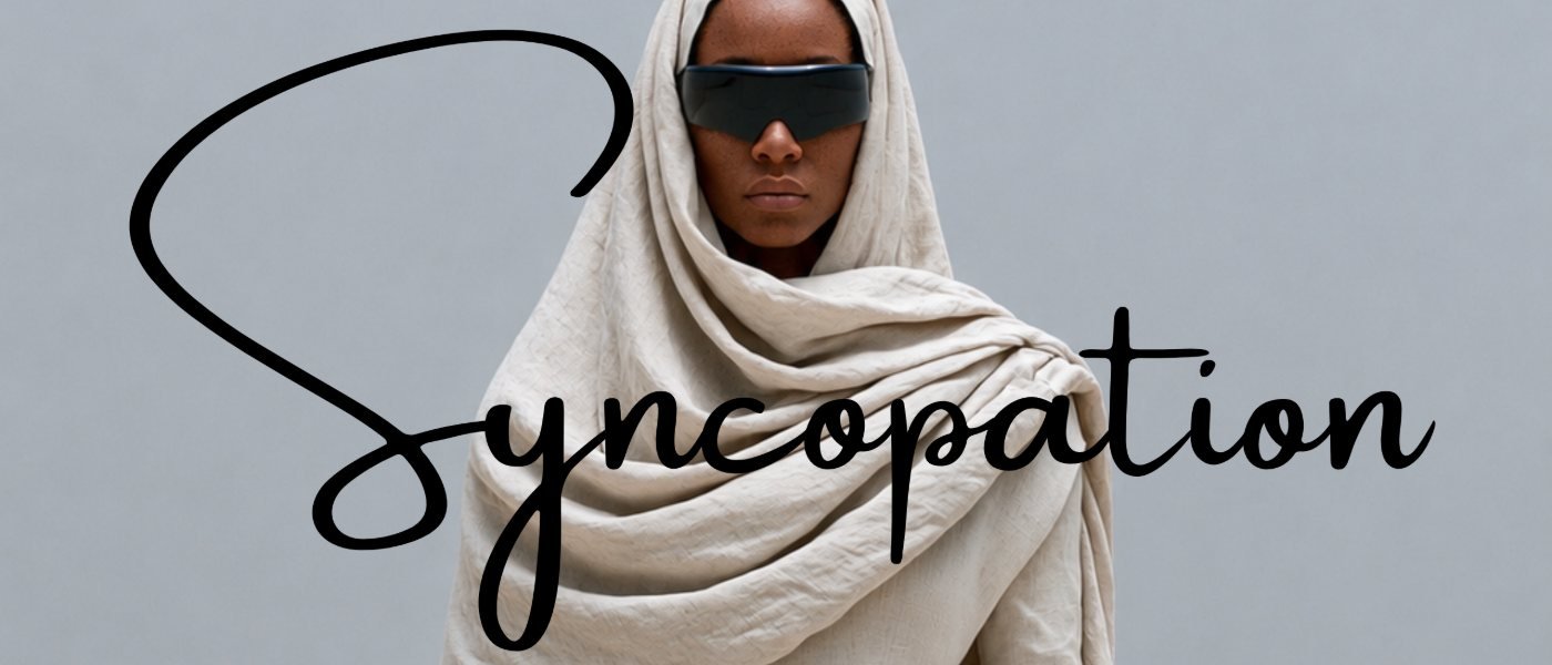 A figure wrapped in a cream linen cloak and a black visor